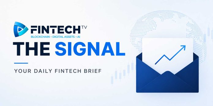 The Signal by FINTECH.TV with blockchain digital assets AI branding, showing a blue email icon, rising chart, and data globe in the background.