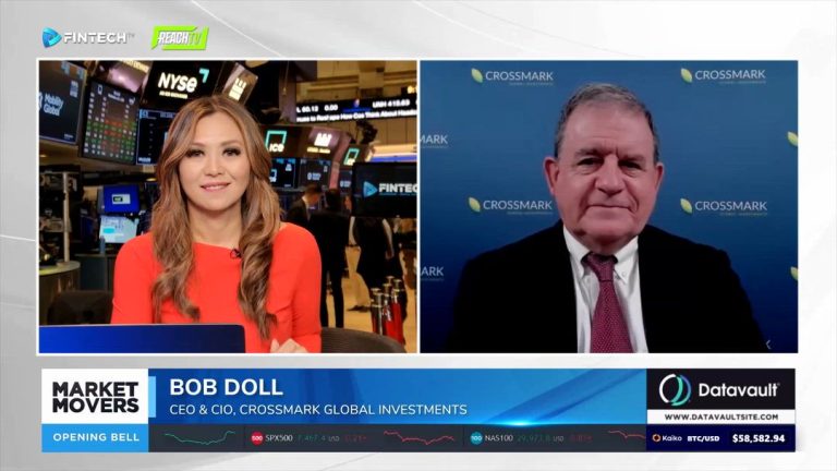 On FINTECH.TV’s Market Movers, a host at the NYSE speaks with Bob Doll from Crossmark Global Investments against market screens and a blue backdrop.