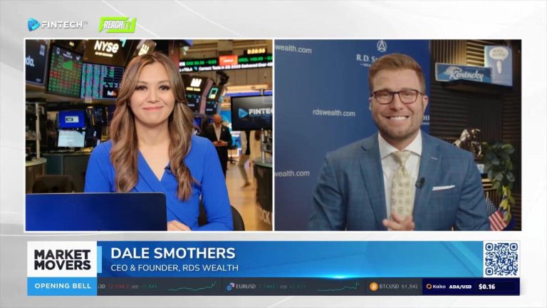 On FINTECH.TV, Dale Smothers smiles beside a Market Movers Opening Bell graphic, with a trading floor backdrop and RDS Wealth branding.