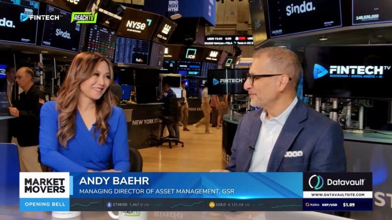 Andy Baehr speaks with a FINTECH.TV host on the New York Stock Exchange floor during Market Movers: The Opening Bell, discussing Robinhood expansion and crypto deposits.