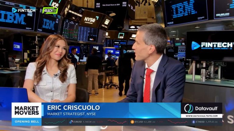 Eric Criscuolo speaks with Remy Blaire on the NYSE trading floor as IBM screens and FINTECH.TV branding appear during a Wall Street market segment.