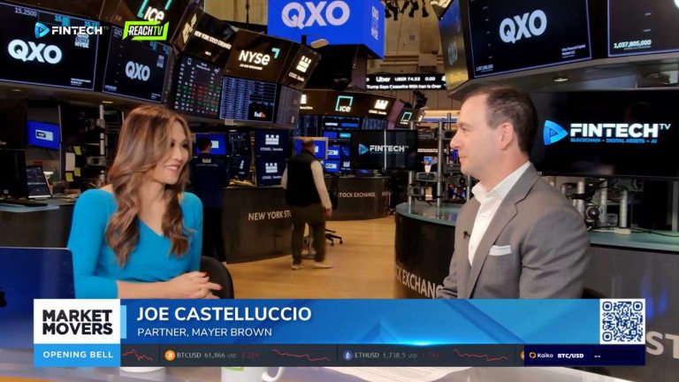 Joe Castelluccio speaks with a host on FINTECH.TV's Market Movers: Opening Bell amid New York Stock Exchange monitors and market tickers.