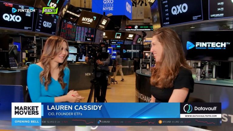 Lauren Cassidy speaks on the NYSE floor during a Market Movers interview about founder-led companies and the AI revolution, with FINTECH.TV branding visible.