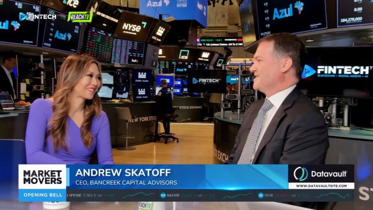 At the New York Stock Exchange, Andrew Skatoff speaks with a host during a Market Movers interview on data science and winning stocks.