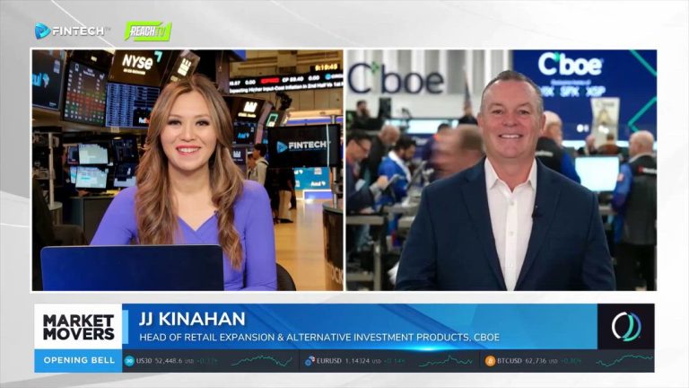 Fintech TV split-screen interview shows host at the New York Stock Exchange with JJ Kinahan beside Cboe branding and the Market Movers banner.