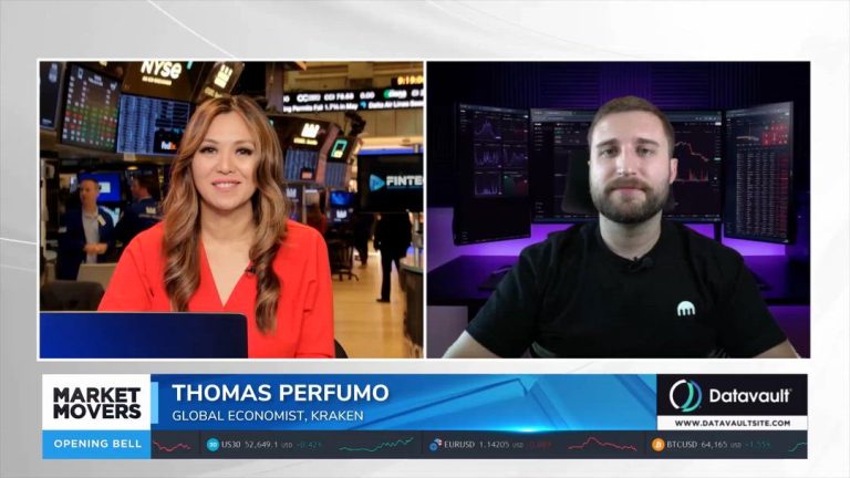 Market Movers: Opening Bell shows a host at the NYSE beside Thomas Perfumo, global economist at Kraken, with Datavault branding and market charts behind him.