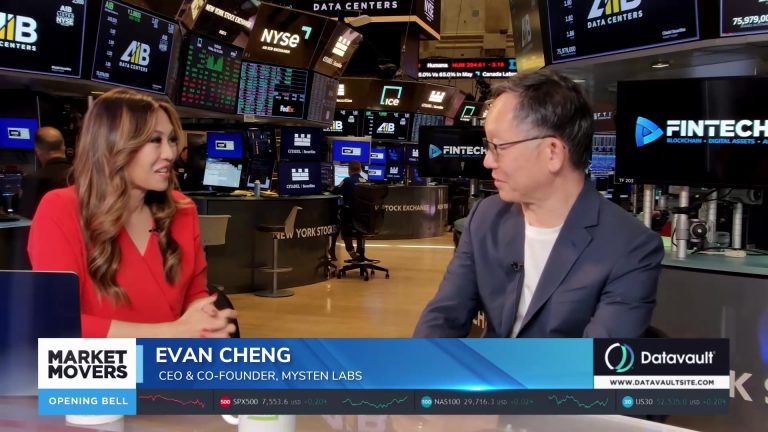 Remy Blaire speaks with Evan Cheng, CEO and co-founder of Mysten Labs, on Market Movers at the New York Stock Exchange, with FINTECH.TV screens nearby.