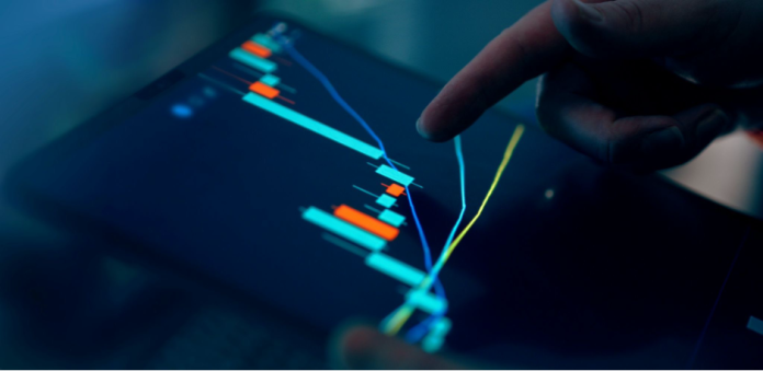 A hand points at a glowing market chart with candlesticks and line graphs for The Signal: Your Week Ahead.