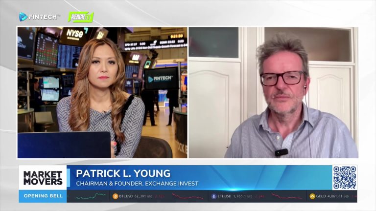 Remy Blaire speaks from the NYSE beside Patrick L. Young on Market Movers, with Opening Bell and FINTECH.TV graphics.