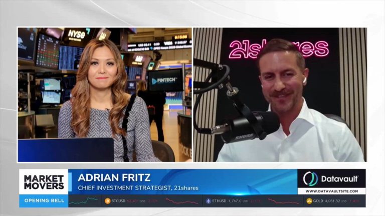 Split-screen FINTECH.TV segment with a host at the NYSE and Adrian Fritz from 21shares speaking into a studio microphone.