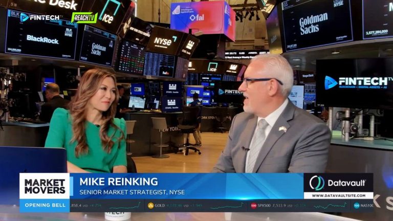 Mike Reinking speaks with a FINTECH.TV host on the NYSE floor, with Market Movers lower-third graphics visible.