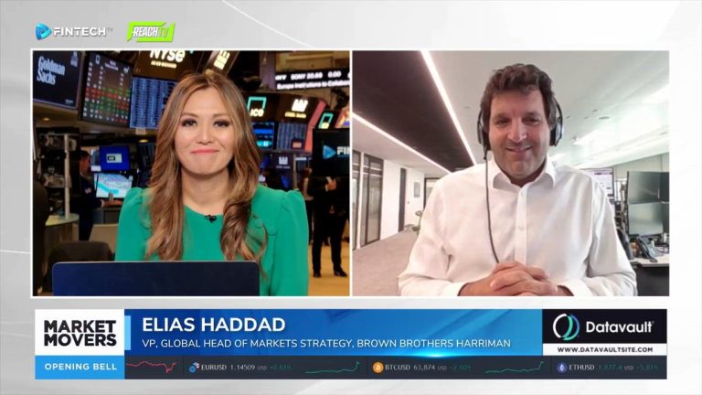 Split-screen FINTECH.TV interview shows a host in a green dress and Elias Haddad speaking from an office.