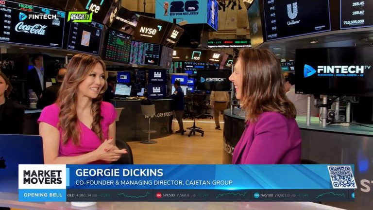 Georgie Dickins speaks with a guest on FINTECH.TV’s Market Movers at the New York Stock Exchange opening bell set.