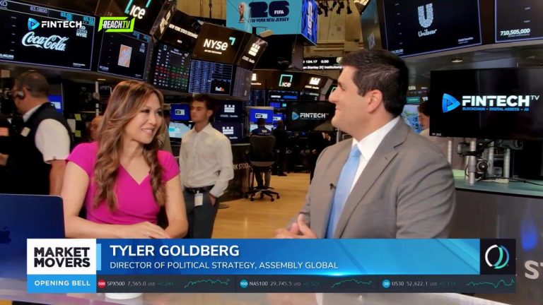 Tyler Goldberg speaks with a host on the FINTECH.TV Market Movers set at the New York Stock Exchange during Opening Bell.