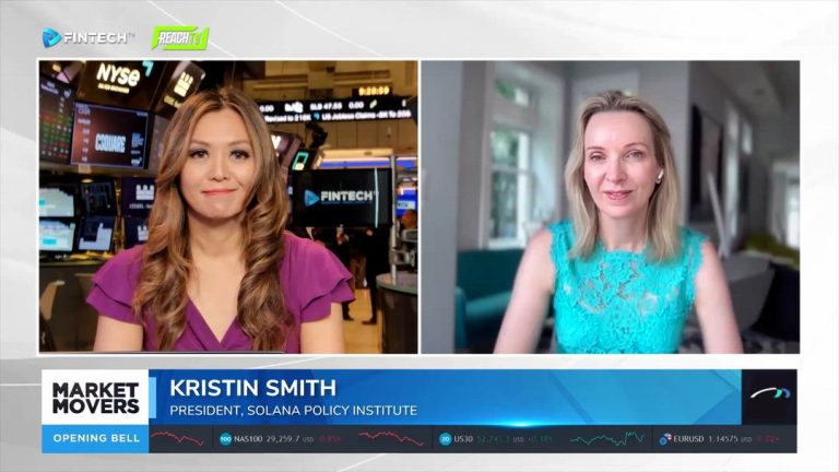Kristin Smith appears beside a remote guest in a Market Movers: The Opening Bell segment on Fintech.TV.
