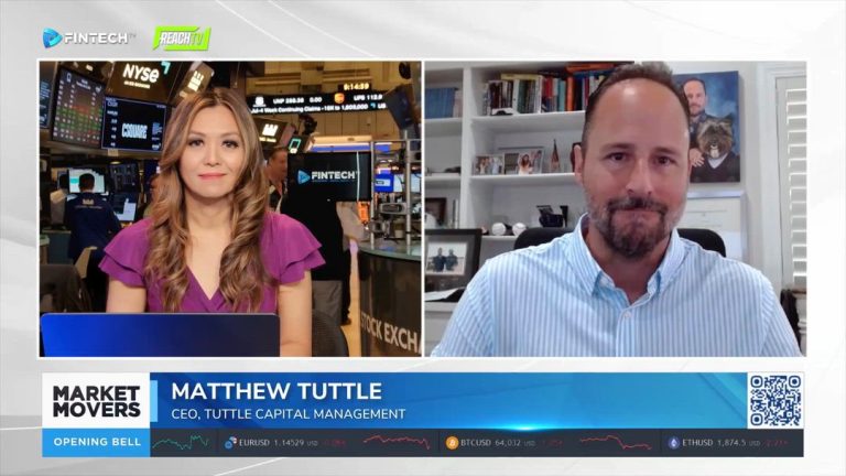 FINTECH.TV’s Market Movers: The Opening Bell shows a host at the NYSE interviewing Matthew Tuttle from Tuttle Capital Management.