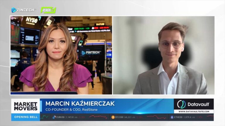 FINTECH.TV Market Movers: The Opening Bell shows host in a purple dress with Marcin Kaźmierczak on a video call.