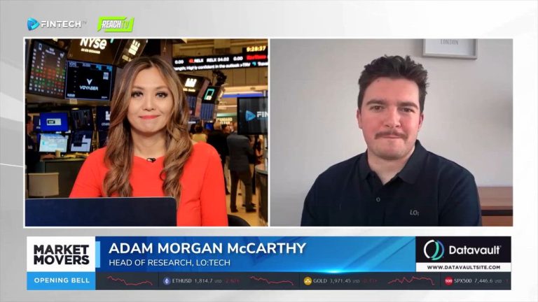FINTECH.TV Market Movers: The Opening Bell shows a host at the NYSE speaking with Adam Morgan McCarthy from LO:TECH.