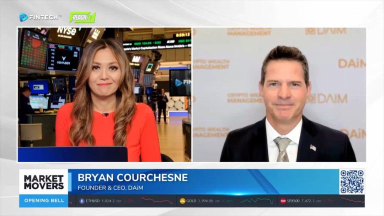FINTECH.TV Market Movers: The Opening Bell shows Bryan Courchesne from DAiM speaking beside the host on the NYSE floor.