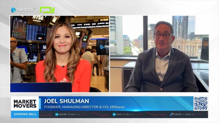 A FINTECH.TV Market Movers: Opening Bell segment shows a host on the NYSE floor with Joel Shulman speaking from an office.
