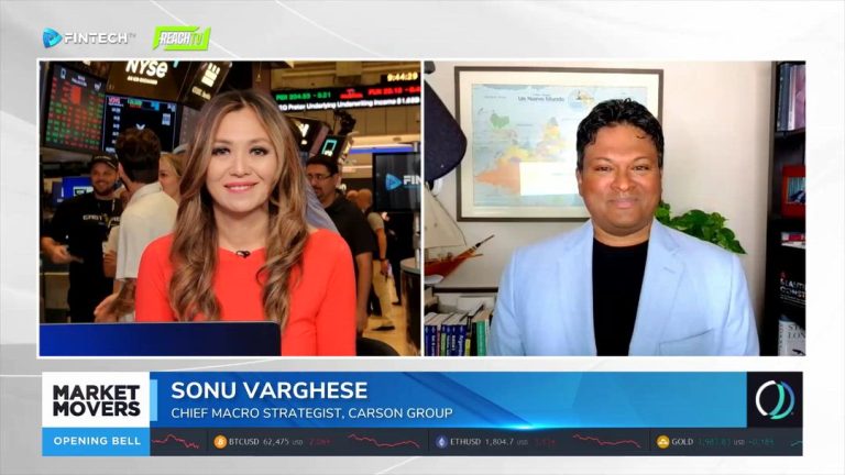 FINTECH.TV’s Market Movers: Opening Bell shows Sonu Varghese from Carson Group in a split-screen interview.