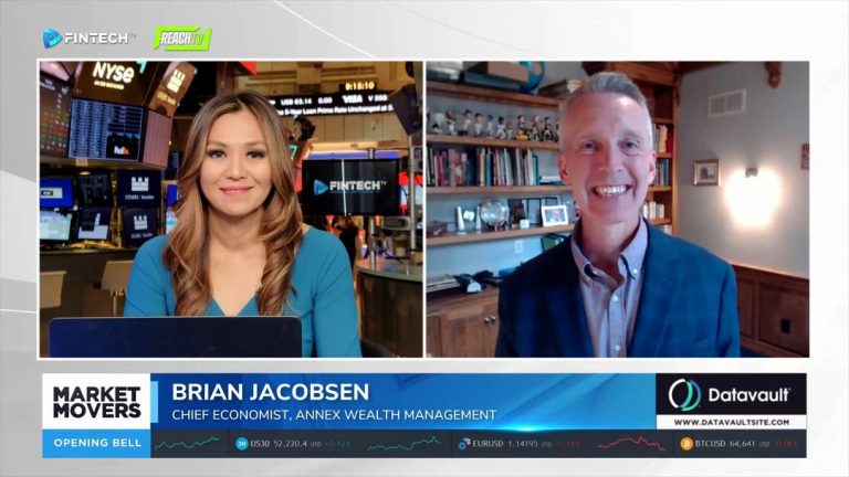 FINTECH.TV Market Movers opening bell shows a split-screen interview with Brian Jacobsen beside a host at the NYSE.
