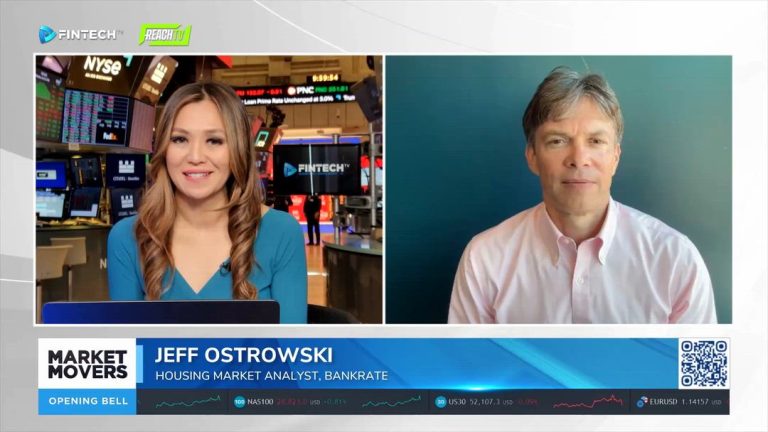 FINTECH.TV Market Movers split-screen shows a host at the NYSE and Jeff Ostrowski on a remote feed.