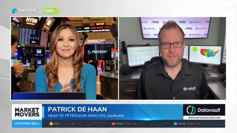 FINTECH.TV Market Movers: The Opening Bell shows a host at the NYSE with Patrick De Haan from GasBuddy in split screen.