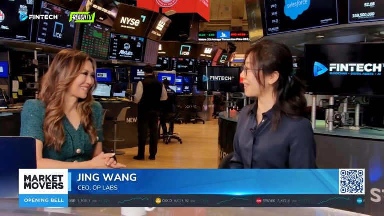 Jing Wang of OP Labs speaks with a FINTECH.TV host on the New York Stock Exchange floor during Market Movers: Opening Bell.