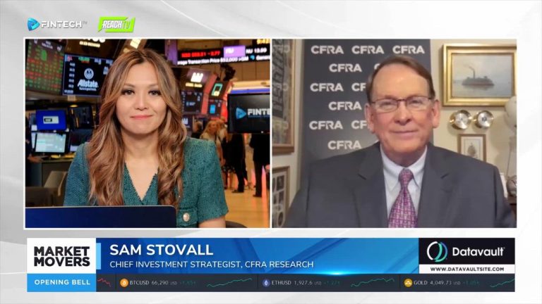 Fintech.TV split-screen interview shows a presenter in a teal top with Sam Stovall of CFRA Research in a gray suit.