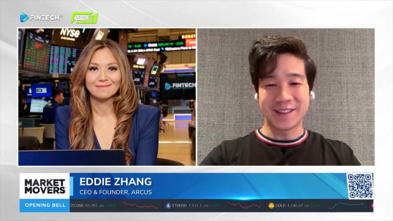 A FINTECH.TV split-screen interview shows Eddie Zhang on the right and a host on the NYSE trading floor on the left.