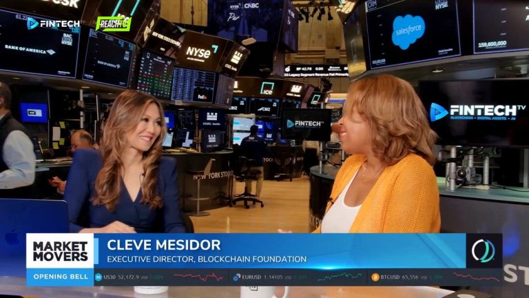 Cleve Mesidor speaks with a FINTECH.TV host on the NYSE floor as Market Movers and Opening Bell graphics appear on screen.