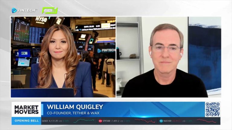 FINTECH.TV Market Movers opening bell segment shows William Quigley on a split-screen interview with a host at the NYSE.