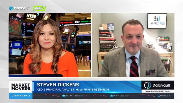At the NYSE, a FINTECH.TV host in an orange dress appears beside Steven Dickens of HyperFRAME Research on Market Movers.