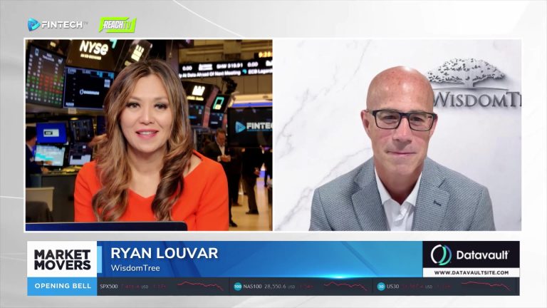 Fintech TV split-screen interview shows a host at the NYSE with Ryan Louvar from WisdomTree during a Market Movers segment.