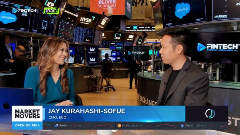 Jay Kurahashi-Sofue speaks with a host on the NYSE floor, with FINTECH.TV branding and Market Movers: The Opening Bell on screen.