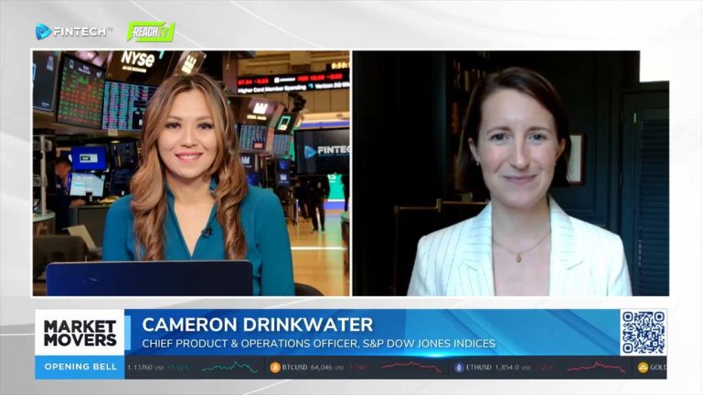 FINTECH.TV Market Movers opens with a split-screen interview featuring Cameron Drinkwater and a guest in a white blazer.