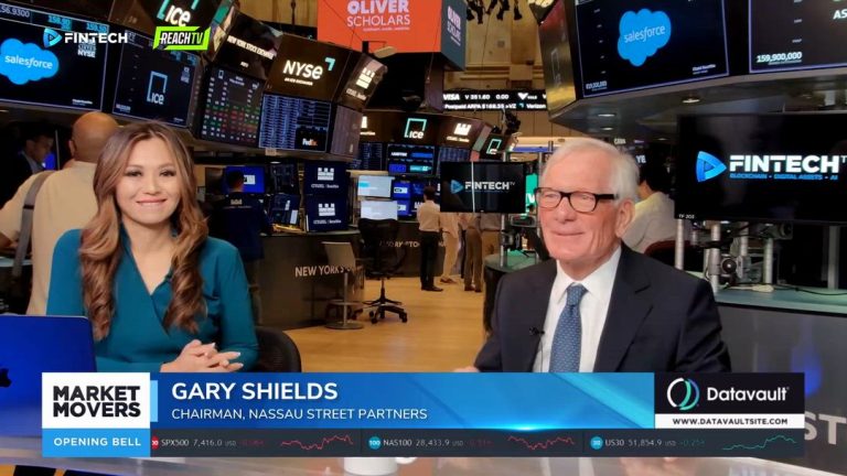 Gary Shields speaks with a FINTECH.TV host on the New York Stock Exchange floor beside Market Movers: Opening Bell graphics.