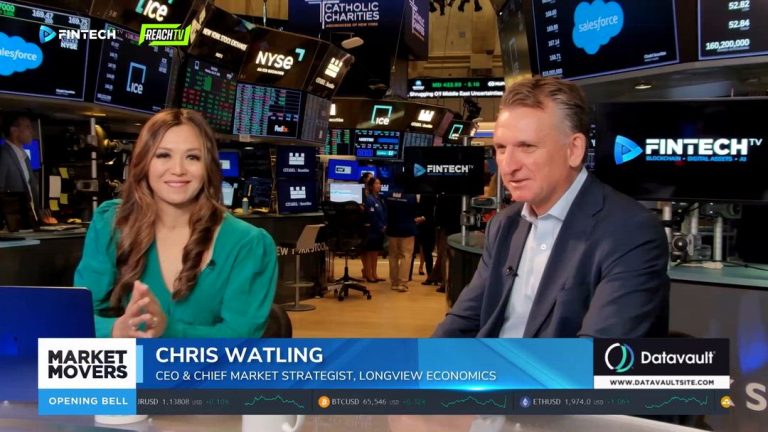 Chris Watling speaks at the NYSE beside a woman in a teal blouse, with FINTECH.TV and Market Movers graphics below.