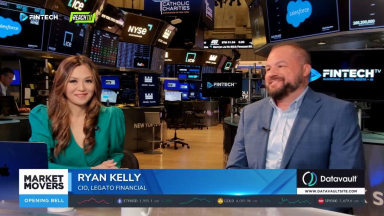 Ryan Kelly sits beside a co-host on the FINTECH.TV Market Movers: Opening Bell set with NYSE screens behind them.