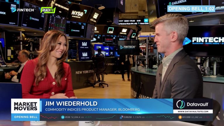 Jim Wiederhold speaks with a FINTECH.TV host on the New York Stock Exchange floor during an Opening Bell segment.