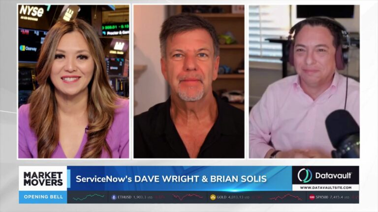 On Market Movers, a three-way interview shows ServiceNow executives Dave Wright and Brian Solis with a host on screen.