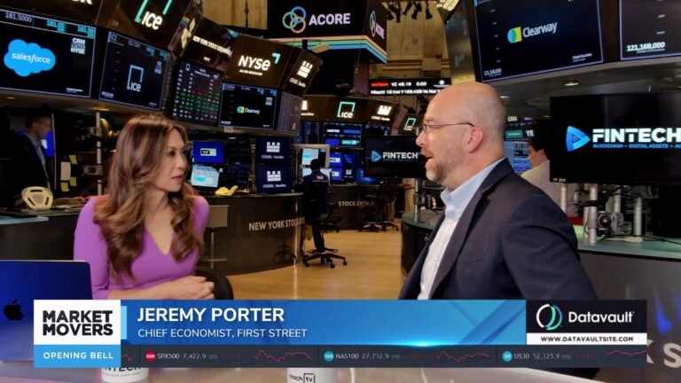 At the NYSE, Jeremy Porter of First Street speaks with a host during a Market Movers segment on climate risk.
