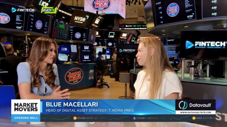 Blue Macellari speaks with an interviewer on the NYSE floor during a T. Rowe Price segment about active crypto investing.