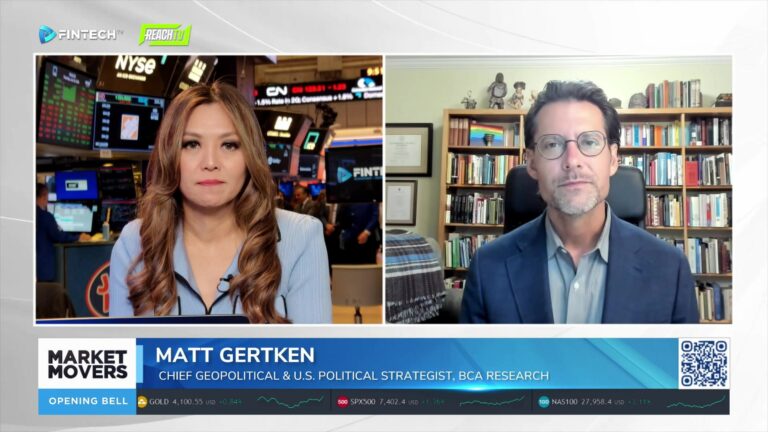 A Market Movers interview shows a host at the NYSE beside Matt Gertken, who appears remotely from his book-lined office.