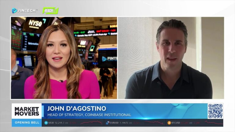 John D'Agostino of Coinbase Institutional speaks with a host during a Market Movers segment on the NYSE floor.
