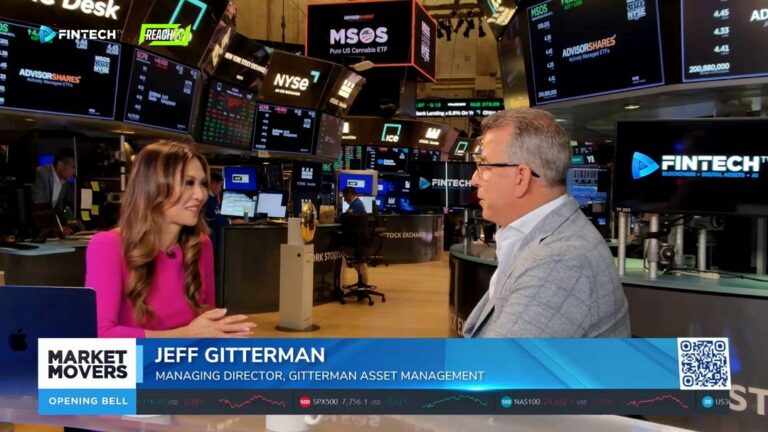 Jeff Gitterman speaks with a host on the NYSE floor, with Market Movers and Opening Bell graphics on-screen.