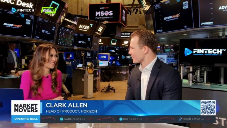 Clark Allen speaks with a host at the New York Stock Exchange set as FINTECH.TV and Market Movers graphics appear.