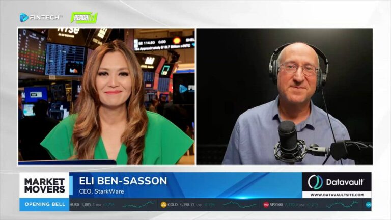 A Market Movers broadcast shows the host on a trading floor alongside Eli Ben-Sasson wearing headphones.