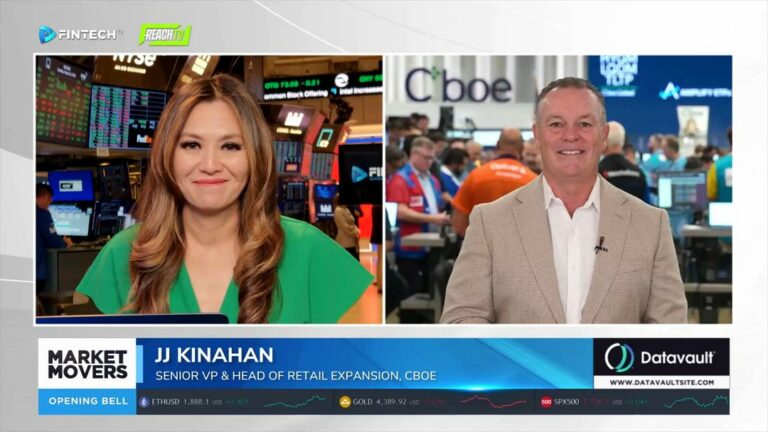 FINTECH.TV's Market Movers: The Opening Bell shows JJ Kinahan on Cboe beside a host in a split-screen studio.